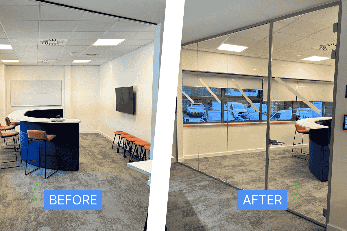 Before and after of a glass partitioning installation in an office in Liverpool